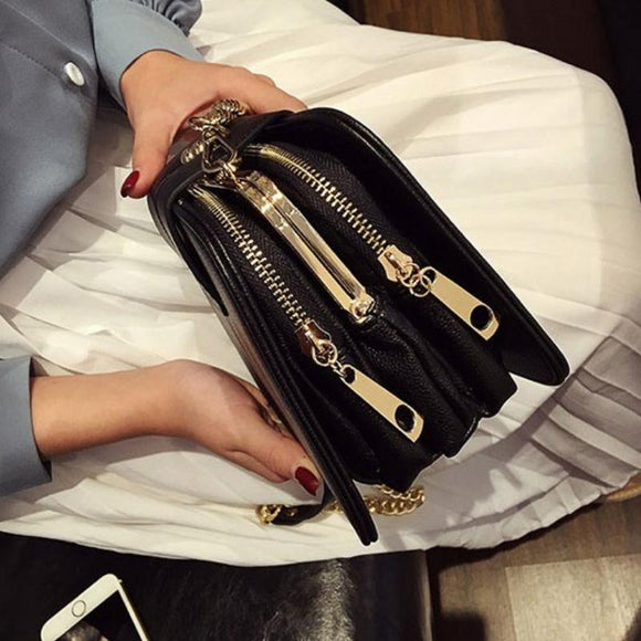 Chain Strap Triple Pocket Leather Shoulder Bag